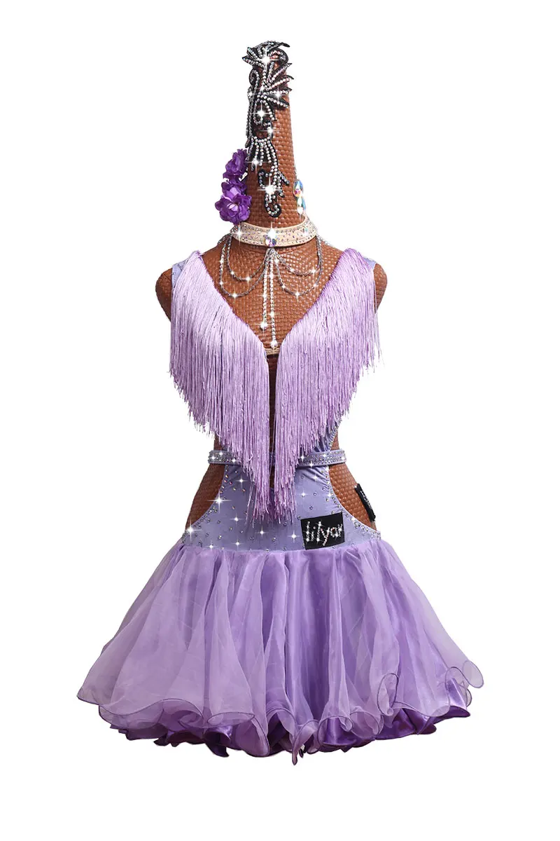 7 шт./компл. конкурс латиноамериканских танцев платья для выступлений платье для танцев вертикальный разрез светло-фиолетовая перилла Плиссированное Платье# LD261