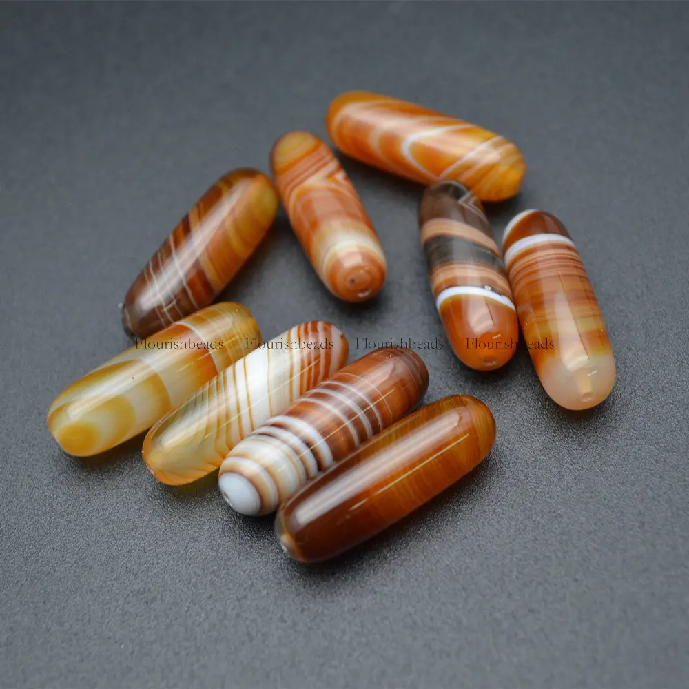 

High Quality 10x30mm Banded Bright Yellow Agate Dzi Tube Sardonyx Gemstone Beads 10pc/lot