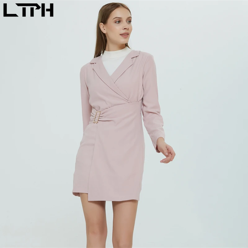 Ltph2019осень Горячая Распродажа продукт женское платье корейский Офис леди темперамент талии складки полный рукав трапециевидной формы Сплошной Костюм платья