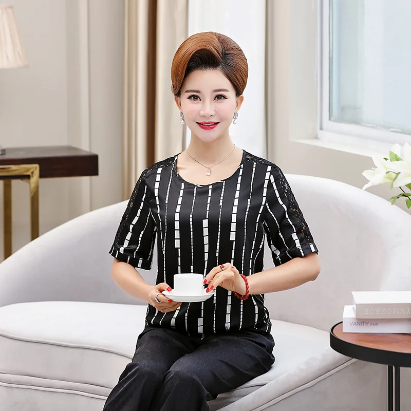 

Middle-aged Mom Fashion Set Summer Stripes Short Sleeve T-shirt 40-Year-Old 50 Middle-aged Summer Wear for Women Elegant Two-Pie
