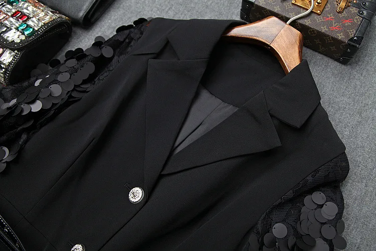 Весеннее Новое однобортное черное платье с зубчатым воротником, расшитое блестками, с рукавами-фонариками, в стиле пэчворк, необычное короткое платье-блейзер