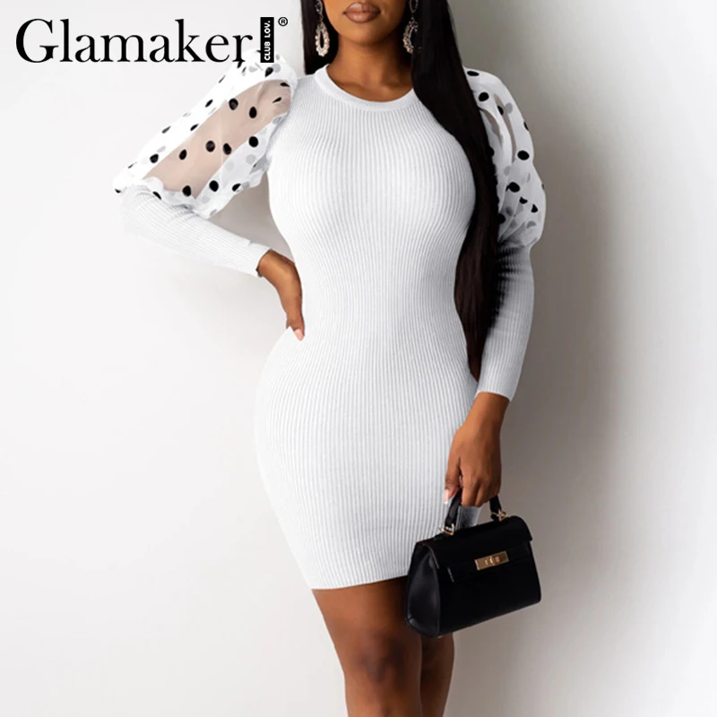 Женское трикотажное платье Glamaker Белое Облегающее в горошек с рукавами