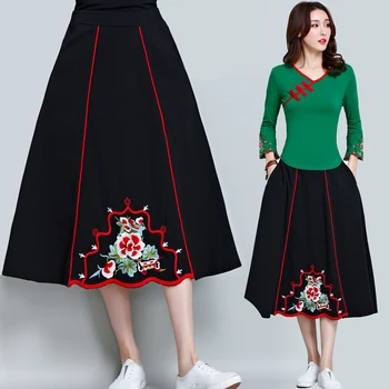 

KYQIAO long skirts womens autumn spring Mexico style long a-line black embroidery midi skirt faldas largas mujer