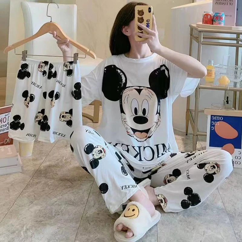 Disney Mickey White Women's Spring Summer Pajamas Set Three-piece Short Sleeve + Shorts + Trousers Soft And Comfortable Homewear 4