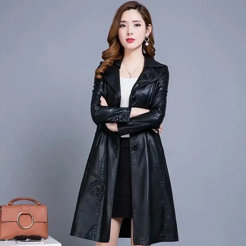 Piano black 8XL размера плюс, Осенний длинный плащ из искусственной кожи, пальто для женщин, s ветровка, Женская парка, Abrigo Mujer, пальто, плащ - Цвет: Piano black