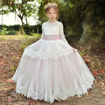

Beige Lace A-Line Flower Girl Dress for Wedding Party Long Sleeve O Neck Communion Dress with Ribbon Custom Made