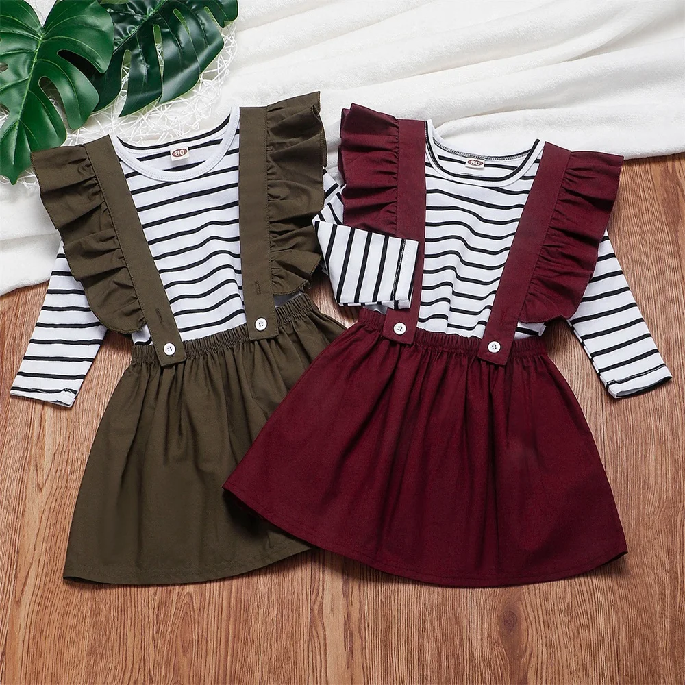 

2020 Spring Toddler Baby Girls Tops Striped Long Sleeve Removable Suspender Ruffle Skirt Dress Outfits Clothes Set Clothing