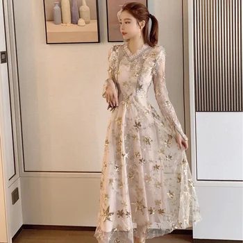 

HAMALIEL New Spring Mesh Party Dress 2020 Runway Luxury Women Sequined Embroidery Split Long Sleeve Dress Fashion Swing Dress