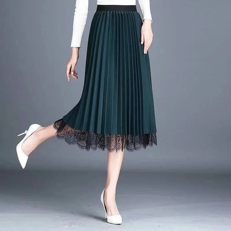 

Women's short skirt waterfall spring and summer half pleated long skirt high waist elastic lace skirt medium length tight skirt