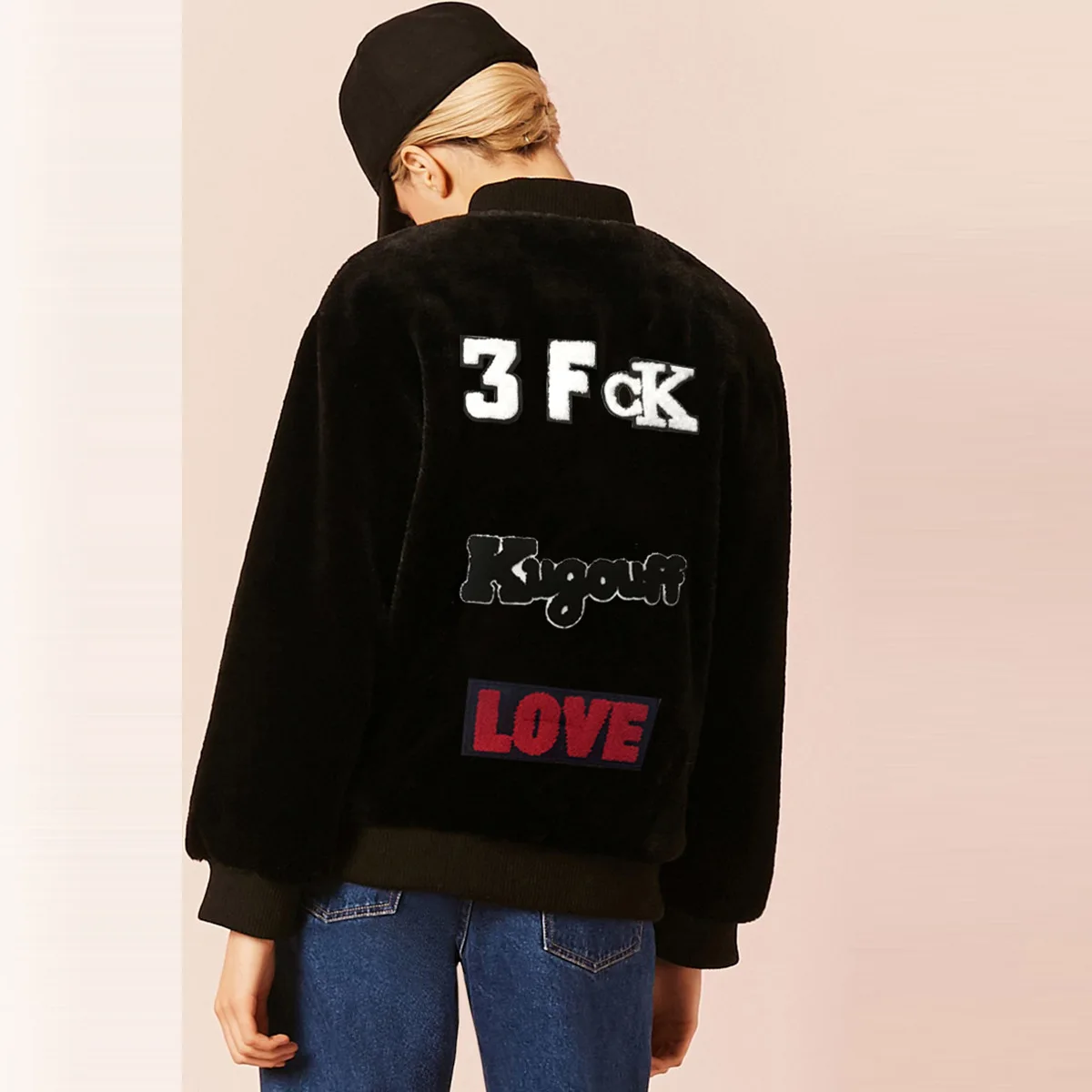 

Casual Versatile Streetwear Women's Lettered Embroidered Printed Ribbed Pattern Cuff Faux Fur Jacket Customizable