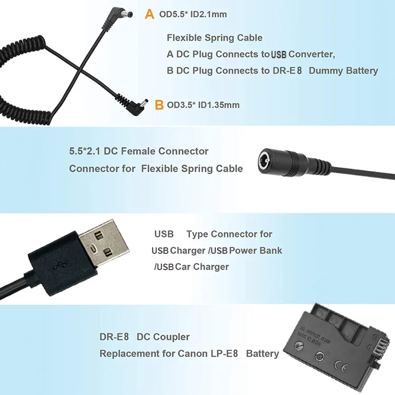 DR-E8 Dummy Battery with DC Power Bank USB Adapter Cable LP-E8 Replacement for Canon EOS 550D 600D 650D 700D DSLR Cameras