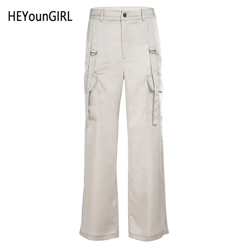 HEYounGIRL атласные брюки с высокой талией Капри повседневные свободные белые брюки женская уличная одежда элегантные спортивные брюки с полосками карман - Цвет: Бежевый