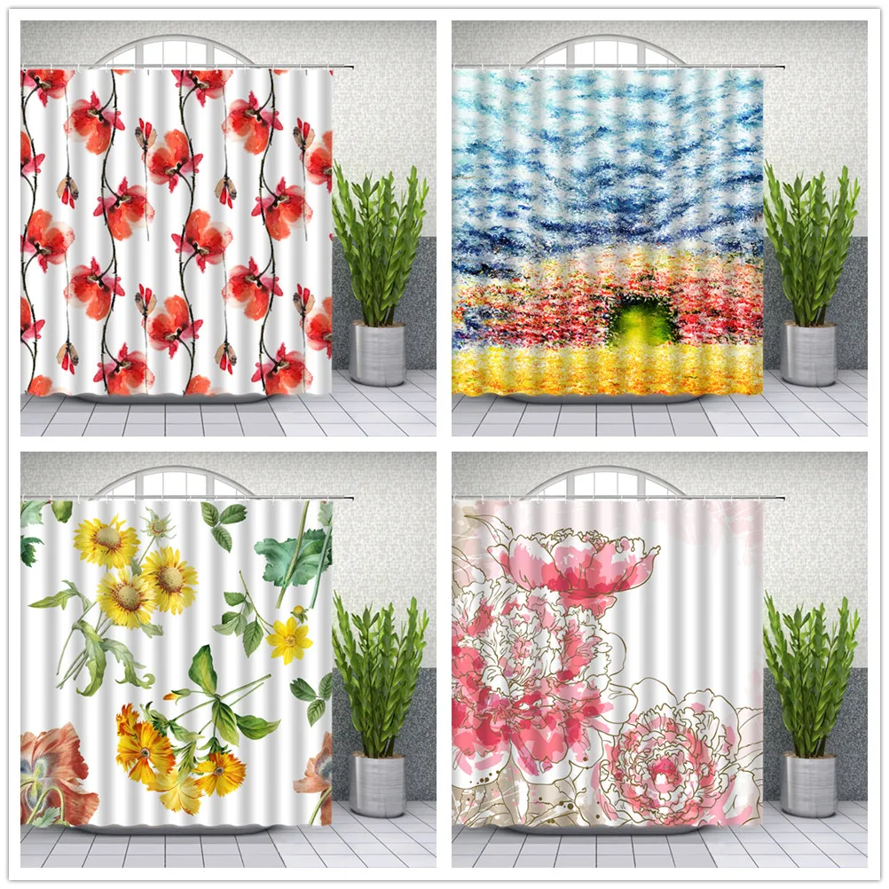 

Flowers Shower Curtains Hand Painted red yellow flower Green plant sunflower peony Bathroom Decor Waterproof Cloth Curtain Set