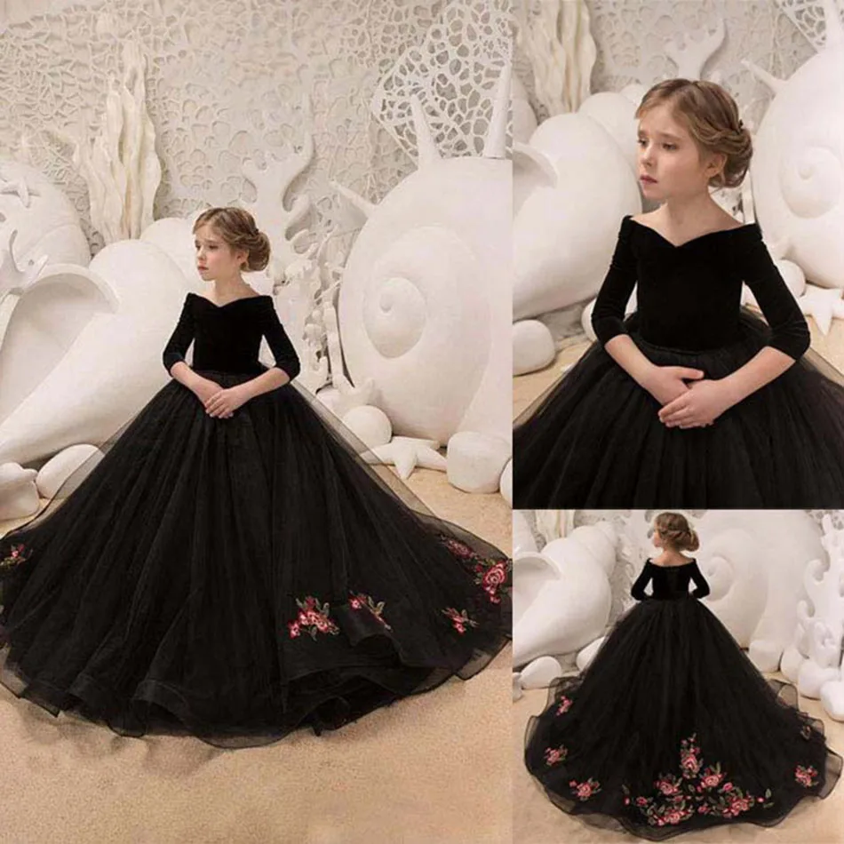 Buy Black Velvet Off white Embroidery Gown for Girls Online