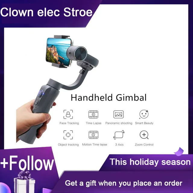 $ 3-Axis Handheld Gimbal Stabilizer Active Track with Pull & Zoom Focus for iPhone 8 Huawei Samsung Smart Phone PTZ Action Camera