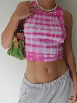 

E-girl Summer Tie Dye Crop Tops Y2K Knitting Sleeveless Camisole Leisure Tank Crop Tops Female Basic Casual Tees Femme Vest Top