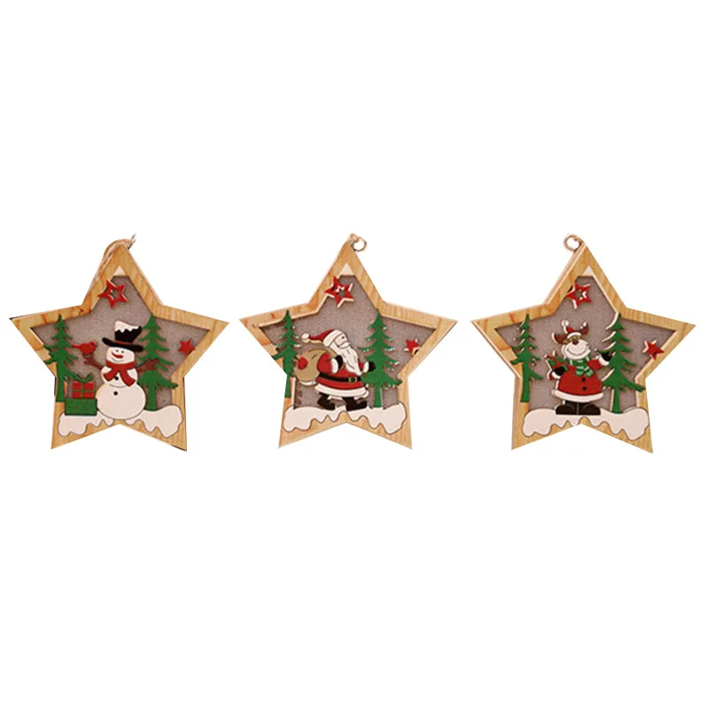 

3Pcs Pentagram Christmas Decor Wooden Hanging Lamp Ornament Elk Snowman LED Light Santa Claus Deer Cart Luminous Lamp