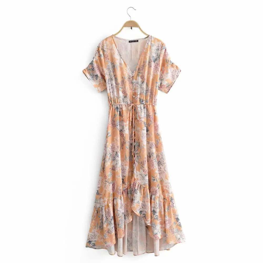 

Europe And America 2019 Autumn New V-neck Floral Printed Dress Single Breasted Irregular Waist Hugging Lace-up Long Skirts 9951