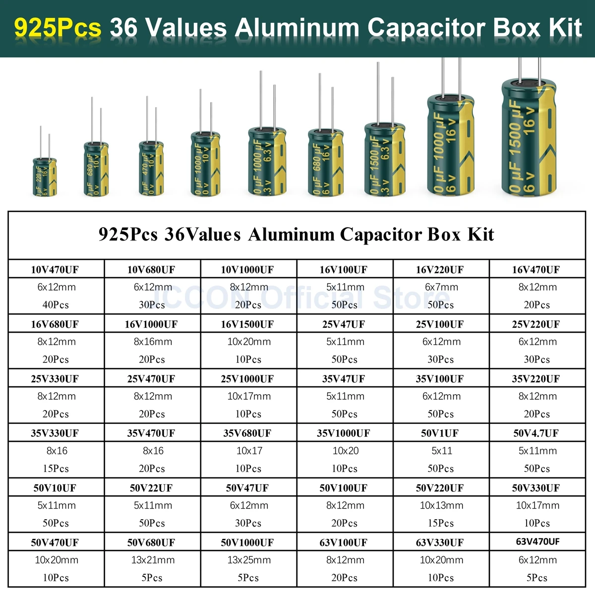 JCCON 925Pcs 36 Werte Aluminium-elektrolyt-kondensator Sortiment Kit Low ESR 1uF 4,7 uF 10uF 22uF 47uF 100uF 220uF 330uF 470uF – Detail 9