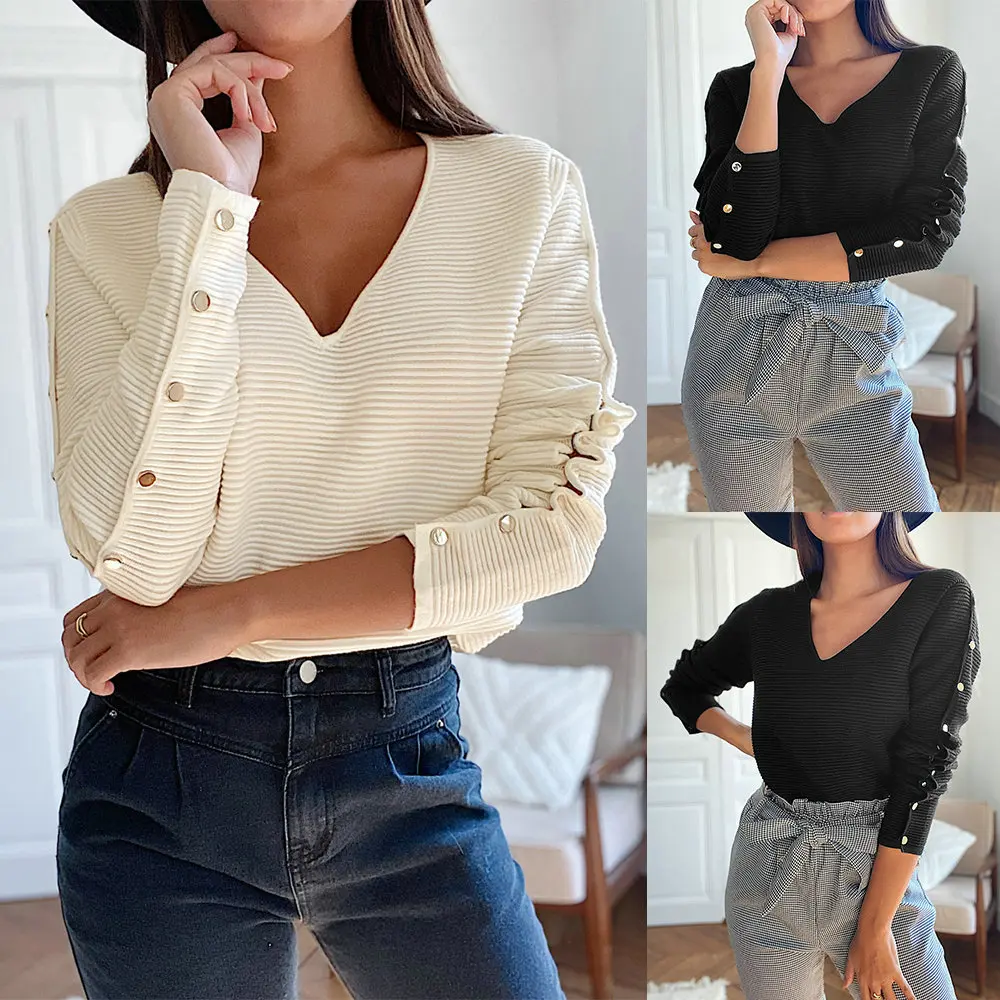 

Autumn and Winter Features V-leader Button Long-sleeved Solid Color Sweater Pullover Women's Temperament Top