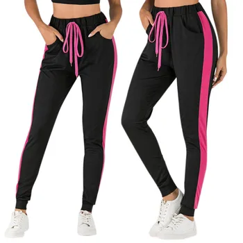

New Women Pants Black Striped Tape Side Drawstring Sweatpants Female Stretchable Jogging Trousers Mid-waist Pocket Running Pants