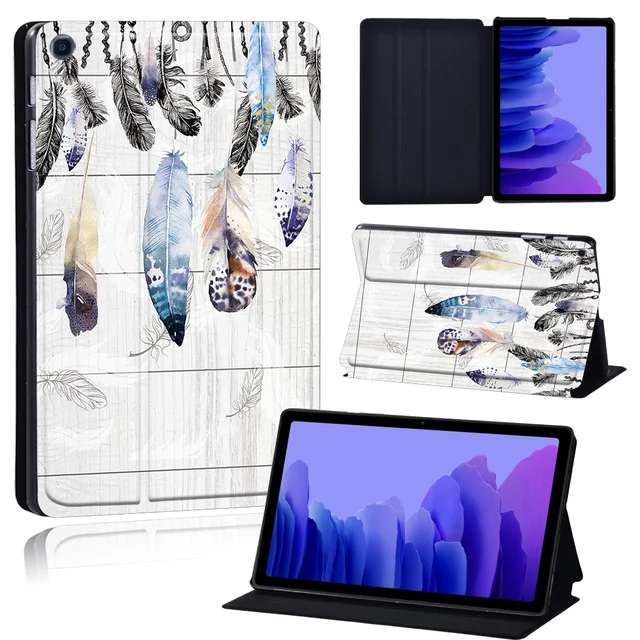 Tablets Case for Samsung Galaxy Tab A7 10.4 Inch 2020 T500/T505 Printed Feather PU Leather Tablet Stand folio Cover+ Free Stylus 30.white feather