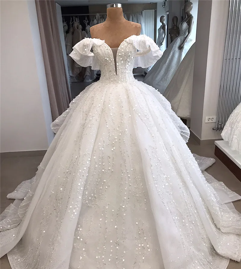 Vestido De Noiva роскошное бальное платье с бусинами, свадебное платье, сверкающее Настоящее фото, пышные рукава, свадебные платья, Robe De Mariee
