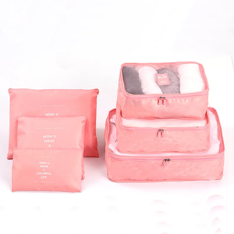 C 6PCS Organiser Set Luggage Suitcase Storage Bags Packing Travel Cubes Fashion Solid Multifunction Travel Cosmetic Storage Case - Цвет: C