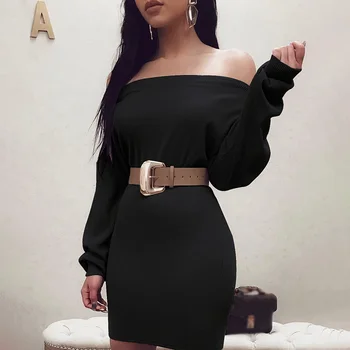 

Autumn Sexy Women One-Shoulder Dresses Female Long-Sleeved Simple Solid Color Wild Charm Curve Comfortable Breathable Wild Dress