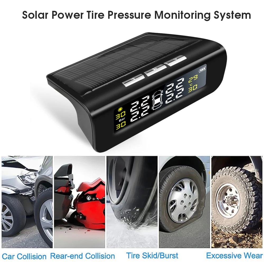 

Car TPMS Tire Pressure Monitoring System Solar Power HD Digital LCD Display Auto Voice Alarm tool Wireless 4 external Sensor