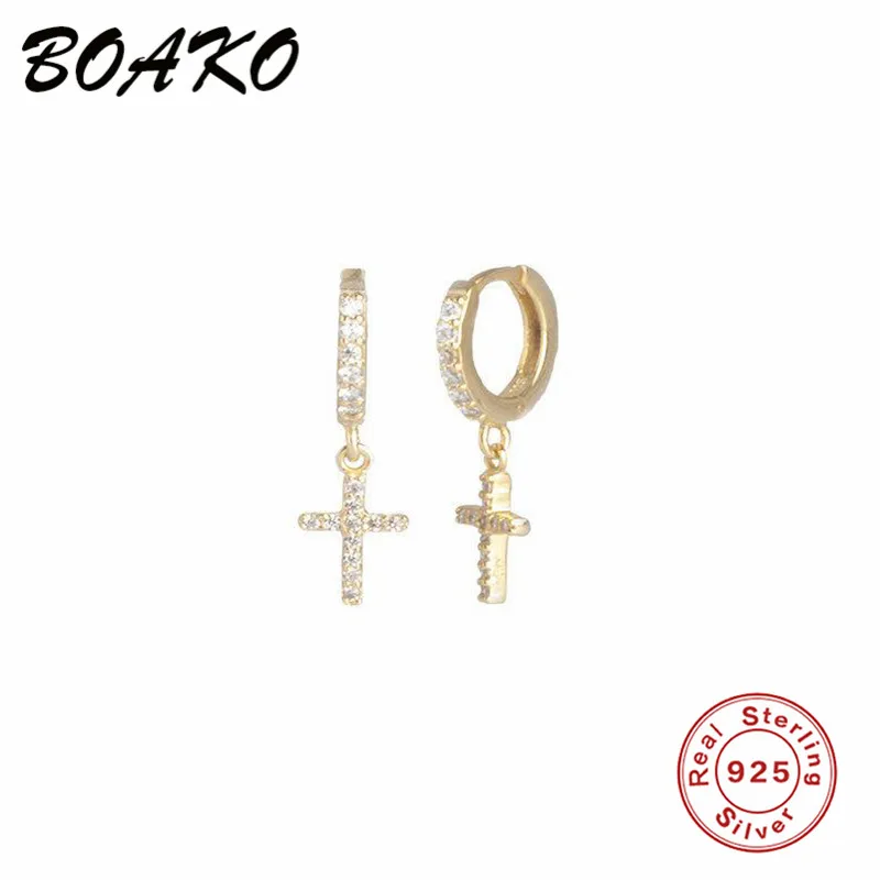 BOAKO Панк CZ Крест серьги-гвоздики с подвеской для женщин модные ювелирные изделия пендиентс Mujer 925 серебряные серьги корейские серьги