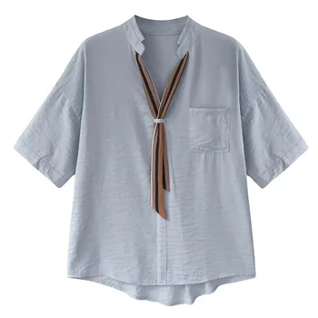 

Women Autumn Summer Solid Color Sexy V Collar Print Loose Half Sleeve Blouse Casual Tie Shirt Tops New Arrival