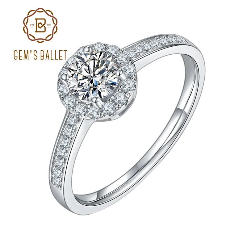 

GEM'S BALLET 925 Sterling Silver Moissanite Ring 0.5Ct VVS1 Moissanite Diamond Halo Engagment Rings For Women Wedding Band