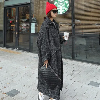 

Korea 2020 Winter New Lines Woolen Thickening Loose Coat Long Fund Chic Wool Zi Ge Grain Overcoat Women Winter.L637
