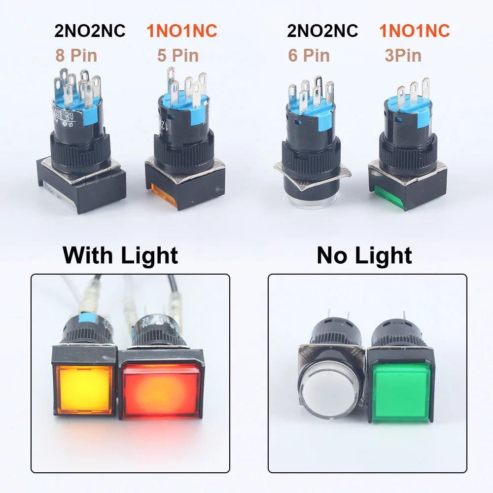 1NO1NC/2NO2NC 12V 24V 220V мгновенный Illuminuted поддерживать кнопочные переключатели 16 мм