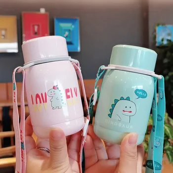 

220Ml Thermos Mug Dinosaur Big Belly Mouth Long Rope Strap Children's Mini Water Cup 304 Stainless Steel Vacuum Flask Bottle
