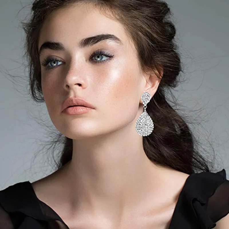 StoneFans Clip On Rhinestone Crystals Teardrop Dangle Earrings Long Statement Chandelier Drop Earrings no pierced for Women ear clip earrings clip earrings