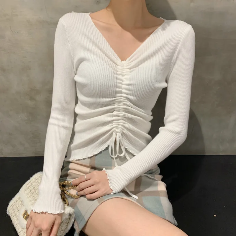 Women Sweaters Autumn Winter 2019 New V-neck Soild Long-sleeved Drawstring Woman Pullover knitted Sweater Women Simple Fashion Women Sweaters Autumn Winter 2019 New V-neck Soild Long-sleeved Drawstring Woman Pullover knitted Sweater Women Simple Fashion