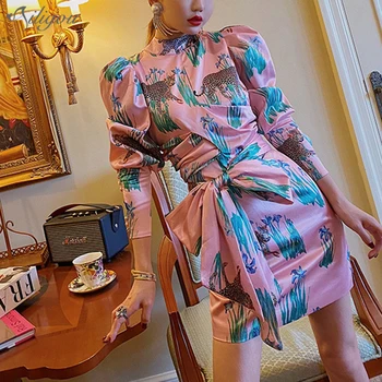 

Ailigou 2020 New Summer Ladies Dress Sexy Round Neck Bow Print Mini Tight Dress Elegant Club Celebrity Banquet Dress Vestidos