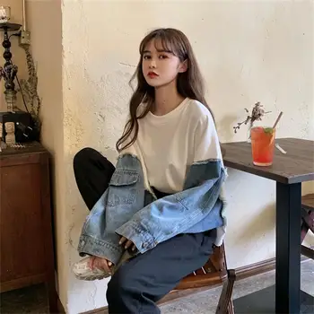 

Women's Sweatshirts Korean Chic Ulzzang Denim Stitching Round Neck Vintage Sweatshirt Female Kawaii Cute Svitshot For Women