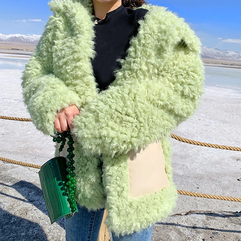 Korean Chic Women Sweet Green Faux Fur Coat Street Fashion Girls Winter Thicken Warm Fur Jacket Oversized Loose Fluffy Outerwear