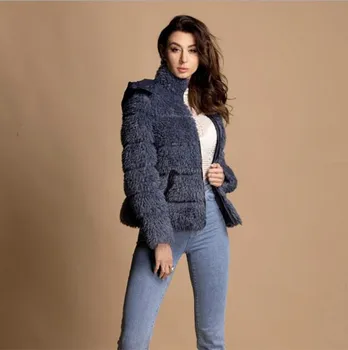 

2019 new European and American women's hooded navy artificial rabbit fur coat