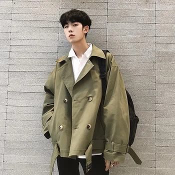 

Jackets Men Solid Double Breasted All-match Chic Harajuku Mens Coat Turn-down Collar Streetwear Simple Loose 2XL Pockets Fashion