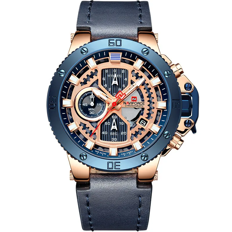 Мужские s часы Топ люксовый бренд NAVIFORCE новые мужские спортивные кварцевые часы хронограф Мужские Водонепроницаемые кожаные военные наручные часы - Цвет: Rose Gold Blue