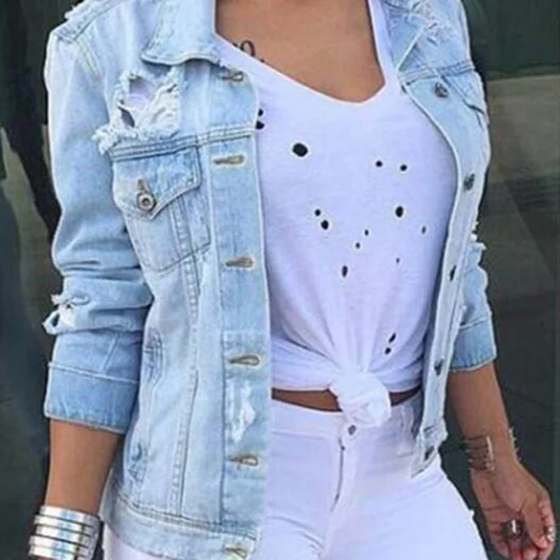 Best Coat Women Autumn Casual Jackets Oversized Boyfriend Style Outwear Ripped Denim Jacket With Hole