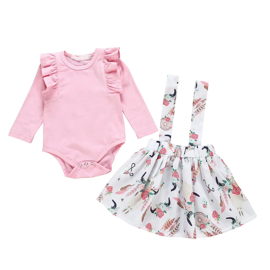 

Newborn Infant Baby Girls Ruffles Tops Frill Solid Romper Kids Floral Print Skrits Outfits Set Overalls Skrits HOOLER