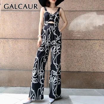 

GALCAUR Vintage Print Women's Jumpsuit Square Collar Spaghetti Strap Sleeveless High Waist Loose Jumpsuits For Female Fashion