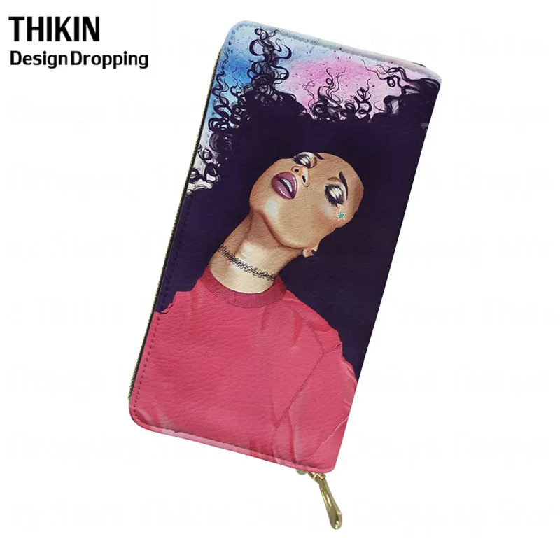 

THIKIN Women Leather Wallet African Black Girl Print Vintage Long Clutch Wallets Card Holder Fashion Phone Bag Coin Zipper Purse
