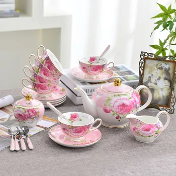 

Ceramic Coffee Mugs & Pot Set Breakfast Milk Coffee Cups With Tray Drinkware Tea Cup Tea Pot 15 Pieces Set Wedding Gifts Pink