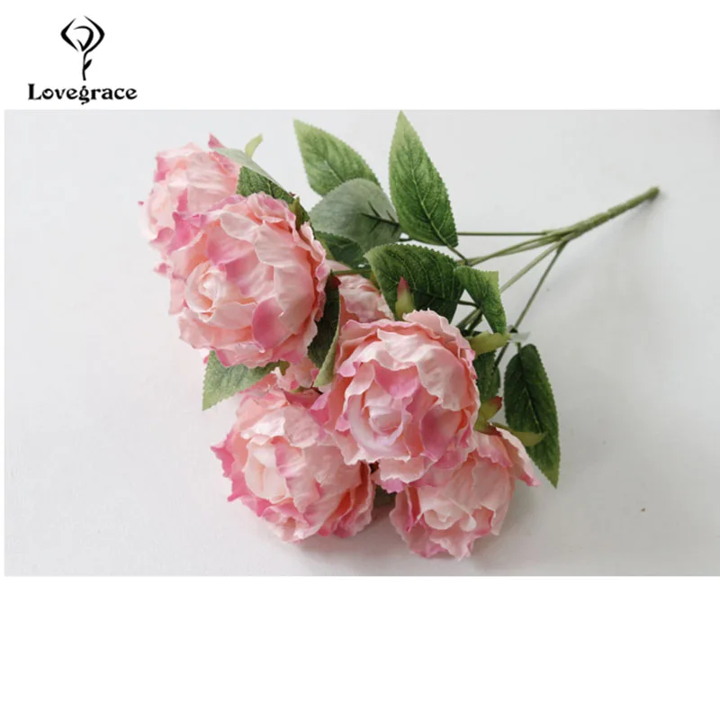 Lovegrace Bridesmaid Wedding Bouquet 7 Heads Rose Peony Artificial Silk Flower Pink Office Home Party Decoration Wedding Flowers